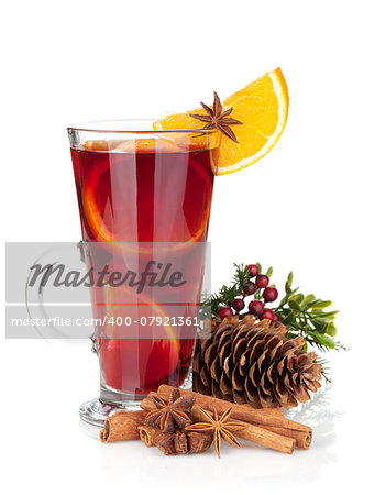 Christmas mulled wine with spices. Isolated on white background