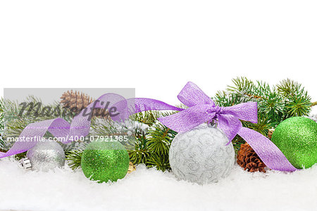 Christmas decor and snow fir tree. Isolated on white background with copy space