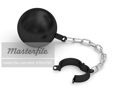 Black prison shackle with chain rendered with soft shadows on white background