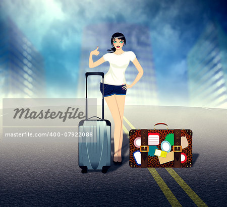 Young woman on the road with her baggage.