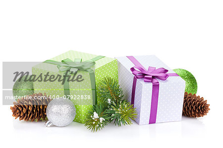 Christmas gift boxes and decor. Isolated on white background