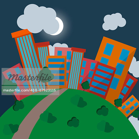 Vector illustration of Flat Style Urban Landscape at night