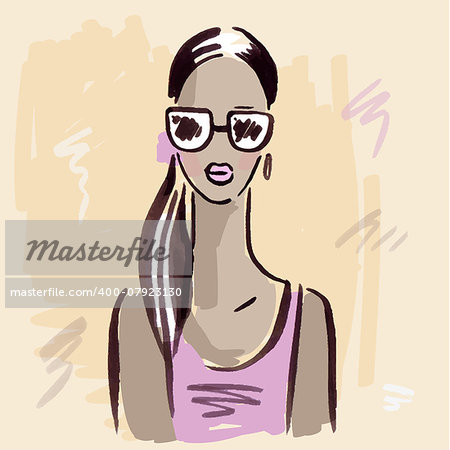 Beautiful Woman Portrait. Fashion girl. Hand drawn vector Illustration.