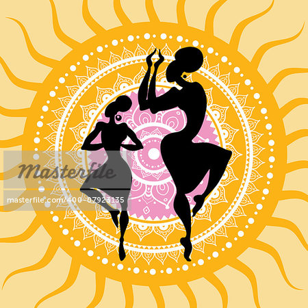 Beautiful Indian dancers silhouettes. Mandala Sun. Hand drawn vector background.
