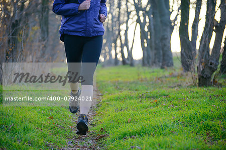 Young Sports Woman Running on the Forest Trail in the Morning. Legs View