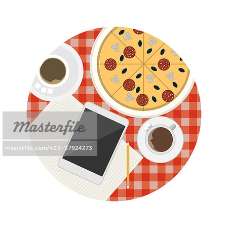 Two coffee cups, tablet, note with pencil and pizza on the table with checkered red tablecloth a top view. Single circle colored flat vector icon for business lunch or coffee break of meeting.