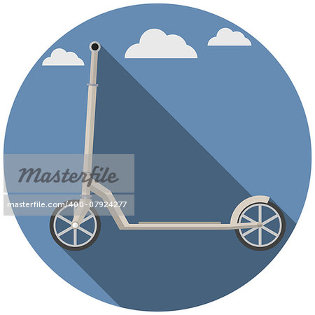 Flat circle vector icon with gray kick scooter on blue sky background