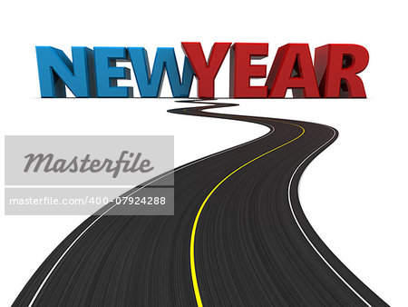 3d illustration of asphalt road with new year sign at the end