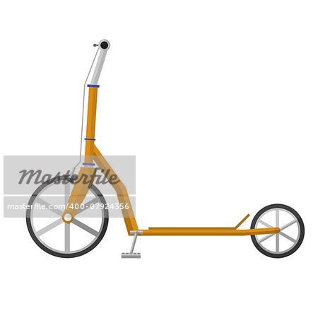 Yellow electrical kick scooter with gray handles and brake cables a front view. Flat design vector illustration isolated on white background.
