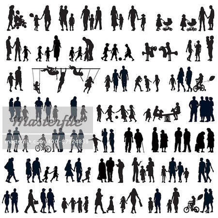 Large set of people silhouettes. Families, couples, kids and elderly people.