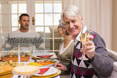 Smiling grandfather toasting at camera in front of his family at home in the living room