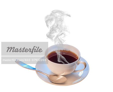 Hot cup of coffee with spoon on white background