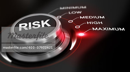 Switch button positioned on the word maximum, black background and red light. Conceptual image for illustration of high level of risks.