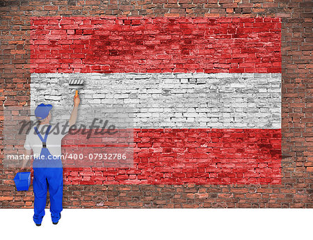 House painter covers old brick wall with flag of Austria