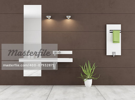 Minimalist brown bathroom with white washbasin and radiator on wall - 3D Rendering