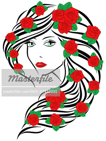 Beautiful fashionable young women portrait with red roses on hair over white, sketching vector illustration