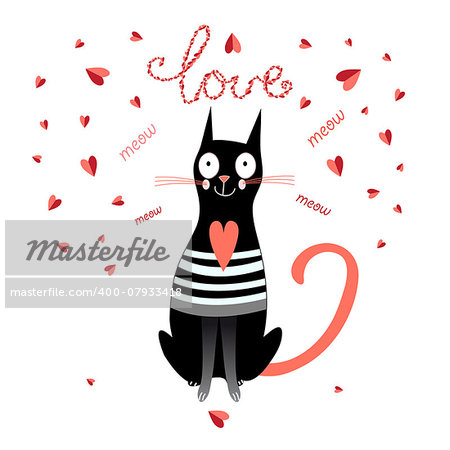 graphic in love funny cat on a white background with hearts