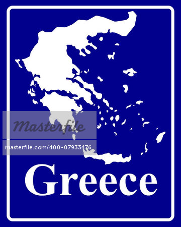 sign as a white silhouette map of Greece with an inscription on a blue background