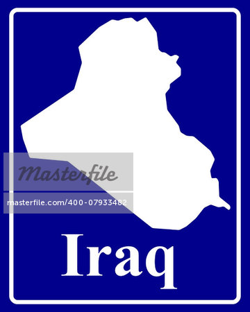sign as a white silhouette map of Iraq with an inscription on a blue background