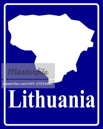 sign as a white silhouette map of Lithuania with an inscription on a blue background