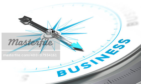 Compass with needle pointing the word business, white and blue tones. Background image for illustration of solutions concept