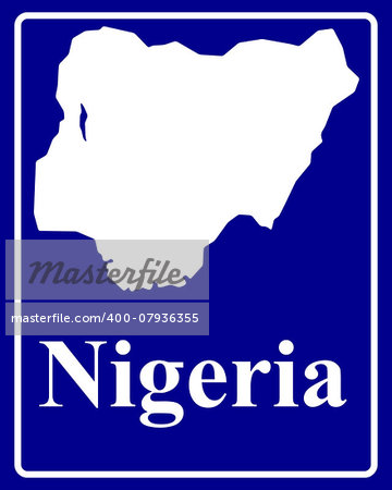 sign as a white silhouette map of Nigeria with an inscription on a blue background