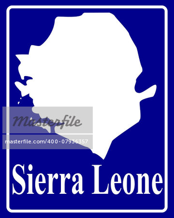 sign as a white silhouette map of Sierra Leone with an inscription on a blue background