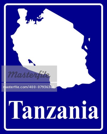 sign as a white silhouette map of Tanzania with an inscription on a blue background