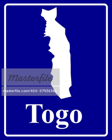 sign as a white silhouette map of Togo with an inscription on a blue background