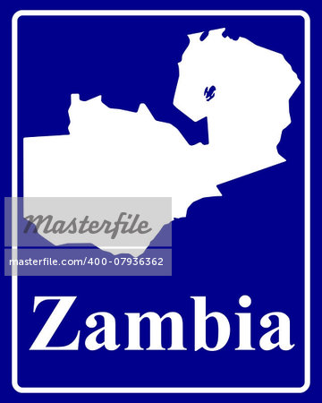 sign as a white silhouette map of Zambia with an inscription on a blue background