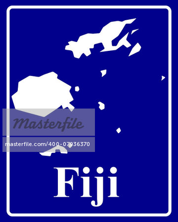 sign as a white silhouette map of Fiji with an inscription on a blue background