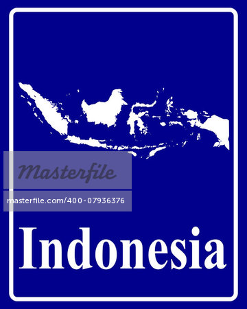 sign as a white silhouette map of Indonesia with an inscription on a blue background