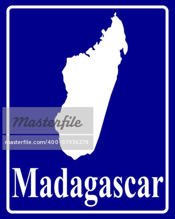sign as a white silhouette map of Madagascar with an inscription on a blue background