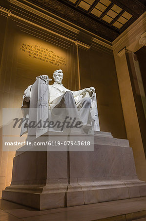 Interior of the Lincoln Memorial lit up at night, Washington D.C., United States of America, North America