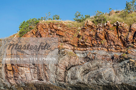 The 1.7 billion year old Elgee sandstone cliffs in Yampi Sound, Kimberley, Western Australia, Australia, Pacific