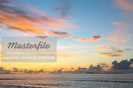 Dawn sky over the Indian Ocean from an island in the Maldives, Indian Ocean, Asia