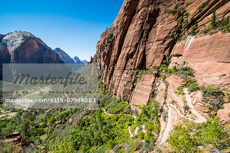 View over the cliffs of the Zion National Park and the Angel's Landing trail, Zion National Park, Utah, United States of America, North America