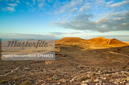 View from Calderon Honda crater of lava rock ruins and volcanic cones of the north, Lajares, Fuerteventura, Canary Islands, Spain, Europe