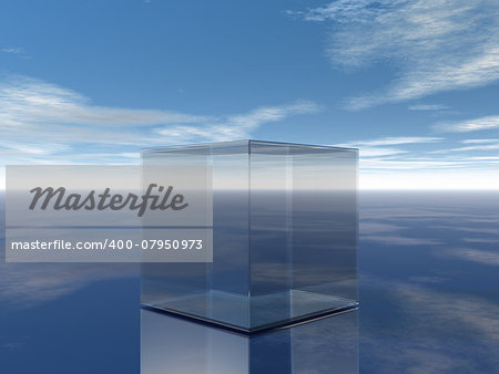 glass cube in desert under blue sky - 3d illustration