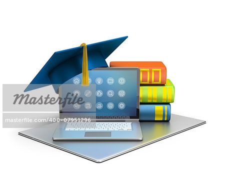 3d image. Laptop, hat and books. The concept of computer education. Isolated white background.