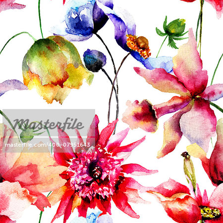 Seamless pattern with Decorative summer flowers, watercolor illustration