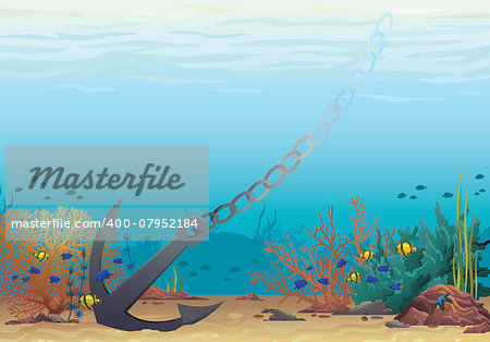 Underwater vector illustration. Anchor and coral reef on a blue sea background.