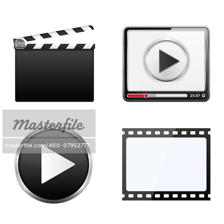 Clapper board, video player, play button and film strip, vector eps10 illustration