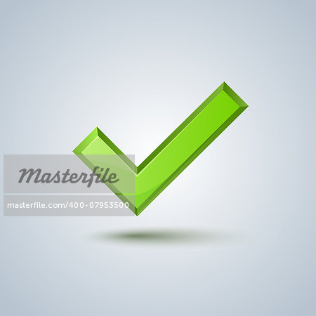 Isolated green check mark sign on gray background. Vector image