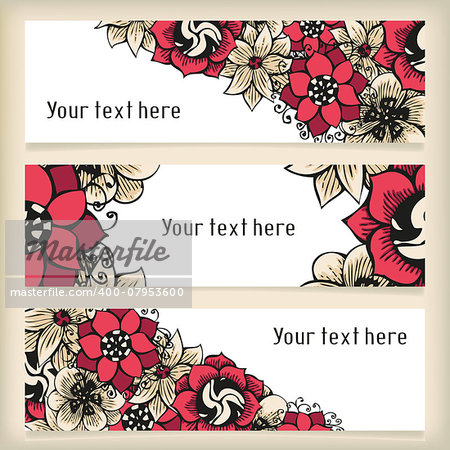 Set of horizontal banners with floral doodling flowers in tattoo style, vector illustration