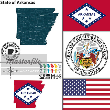 Vector set of Arkansas state with flag and icons on white background