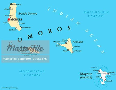 Political Map of Comoros with capital Moroni, important cities and the islands Grande Comore, Moheli and Anjouan. With the archipelago Mayotte, an oversea department of France. English labeling and scaling. JPEG and Illustrator 8 EPS. Text converted to paths and no fonts are required. Vector version can be scaled to any size without loss of quality. Political Map of Comoros with capital Moroni, important cities and the islands Grande Comore, Moheli and Anjouan. With the archipelago Mayotte, an oversea department of France. English labeling and scaling. JPEG and Illustrator 8 EPS. Text converted to paths and no fonts are required. Vector version can be scaled to any size without loss of quality.