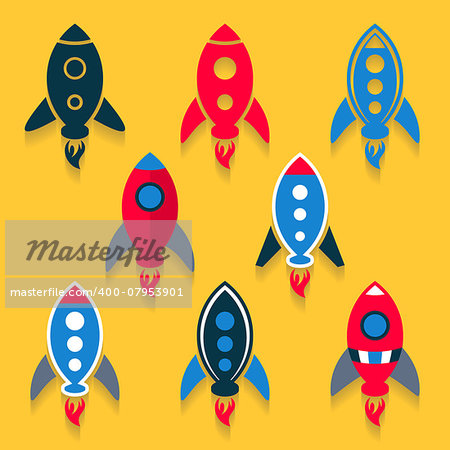 Colorful vector rocket icons collection on yellow background