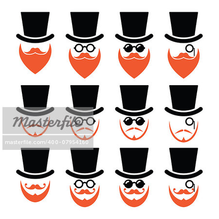 Senior, gentleman with ginger beard and glasses icons isolated on white