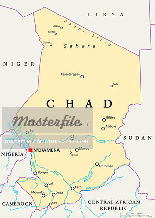Chad Political Map with capital N'Djamena, national borders, important cities, rivers and lakes. English labeling and scaling. Illustration.